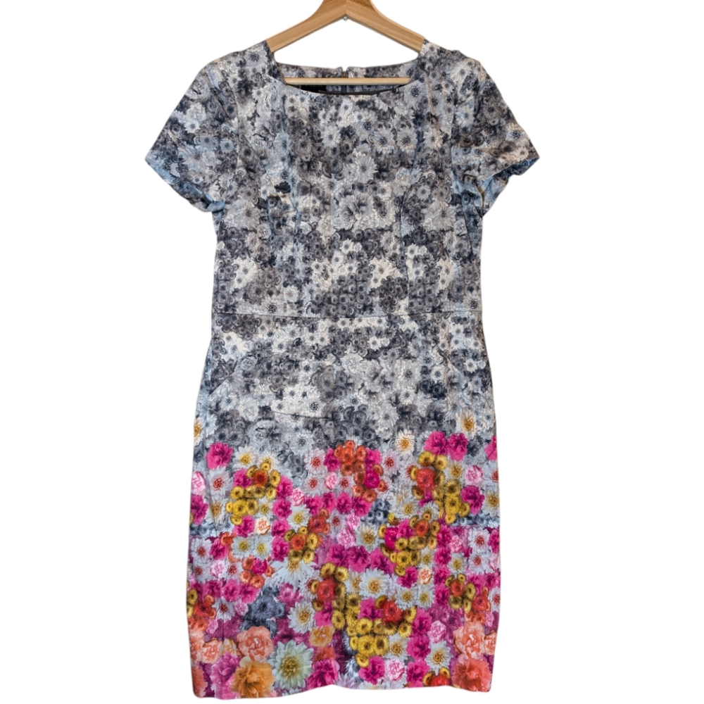 Talbot's Dress 12 Women's Floral Short Sleeve High Round Neck Gray Pink